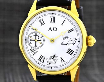 Christian watch, Art Deco style, Gold platted case, mechanical, Fathers Gift, Husband gift