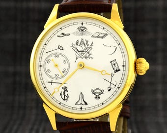 Art Deco Masonic Watch, Analog Watch, Vintage style, Gold Plated, Freemasonry Symbols, Roman Miller