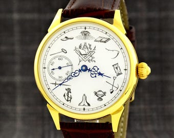 Gold Masonic Watch for Man, Freemasonry Symbols, gift for him personalized, All-Seeing Eye