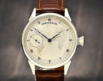 Reloj de lujo R.Miller World Power: esfera plateada, mecánico, correa de piel, regalo para papá.