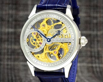 Luxury watch, Men's Skeleton Watch, Open Movement Mechanical timepiece, Husband Gift, Roman Miller