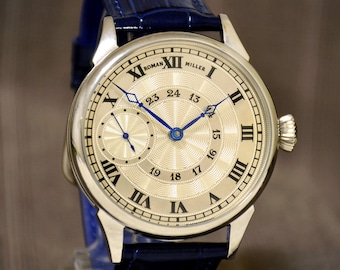 Orologio di stile, orologio di lusso, orologio meccanico da uomo, orologio unico, quadrante argentato con decoro guilloché, regalo per fidanzato, regalo per marito, regalo per uomo, R. Miller