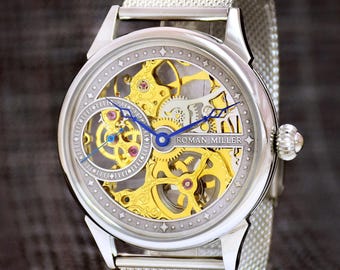 Reloj esqueleto Roman Miller, acero inoxidable, movimiento mecánico, regalo para esposo, reloj elegante, personalizado