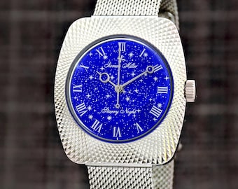 Luxury Mens Watch - Starry Night, Engraved, Silver Mechanical watch Automatic,  Anniversary Gift for Him