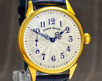 Luxury Mechanical watch, Gold wristwatch, Silver Dial, Leather Strap, 1 year Warranty Roman Miller