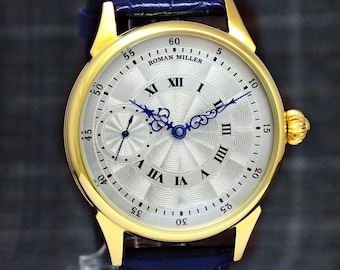 Engraved Gold Mens Watch, Roman Miller Silver Dial, Leather Strap