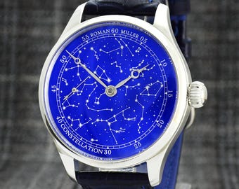 Orologio di lusso personalizzato, cielo stellato, orologio esclusivo, orologio fatto a mano, orologio meccanico, orologio da uomo unico, orologio da uomo in argento, orologi per lo sposo