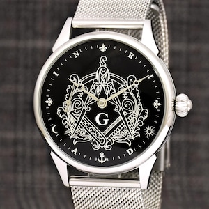 Freemason watch: Hidden symbols by Roman Miller, Black and Silver Dial, Masonic, Milanese Bracelet