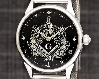 Freemason watch: Hidden symbols by Roman Miller, Black and Silver Dial, Masonic, Milanese Bracelet