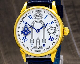 Gold Masonic wrist watch for Man Jachin and Boaz Unique timepiece with Masons Symbols on Face