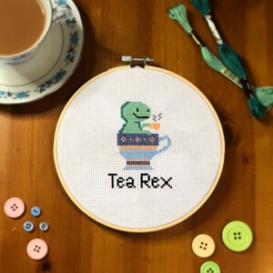 Tea Rex Cross Stitch Kit for beginners - Pun, Tea Room Collection