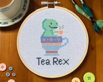 Tea Rex Cross Stitch Kit for beginners - Pun, Tea Room Collection