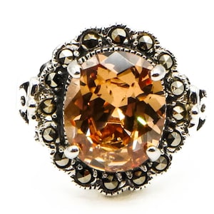 Vintage Citrine Colored Cz Marcasite Cocktail Ring Size 7