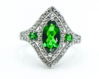 Sterling Silver Green Chrome Diopside & White Zircon Ring Size 8