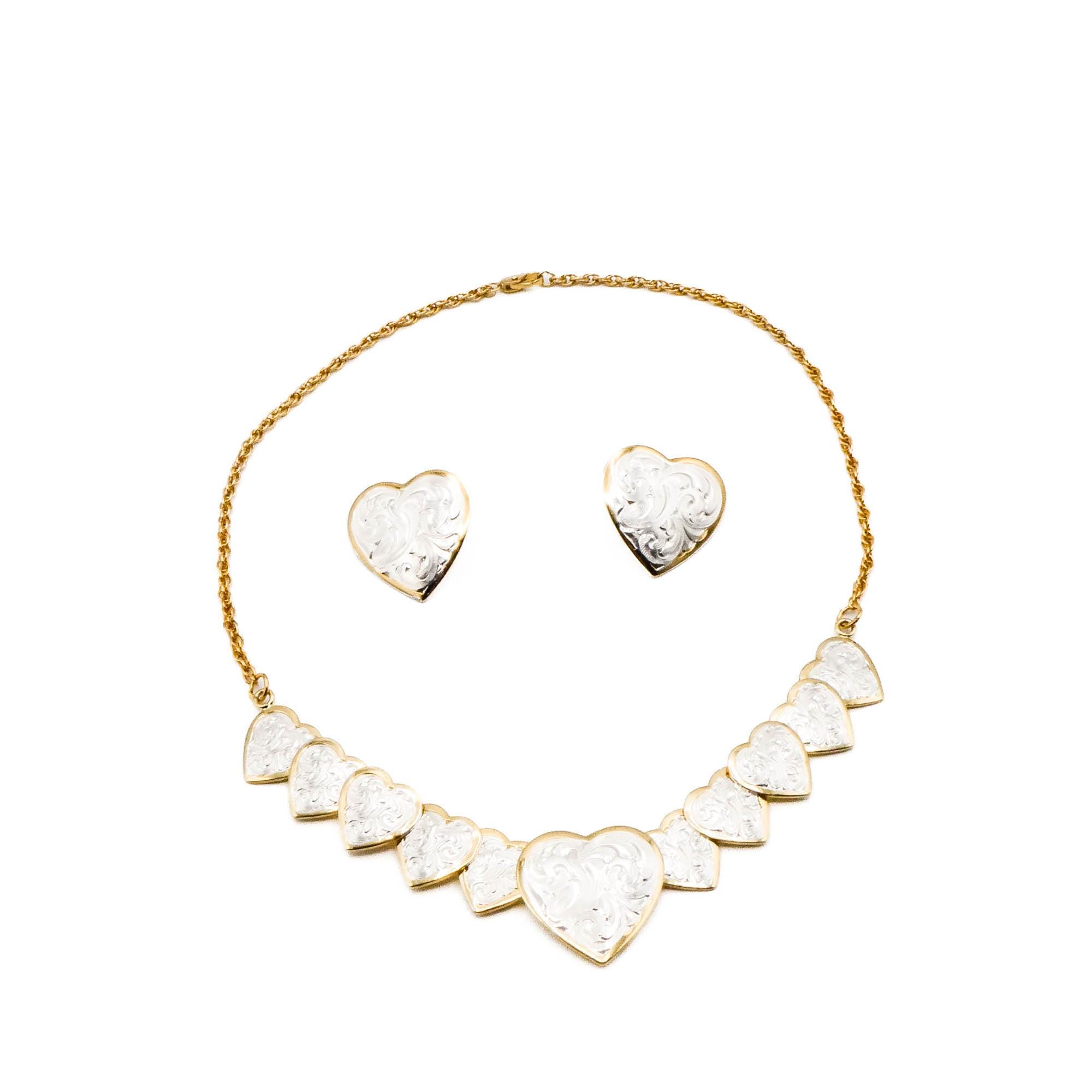 ヴィンテージ ゴールドメッキ シルバー ハート ネックレス＆イヤリング