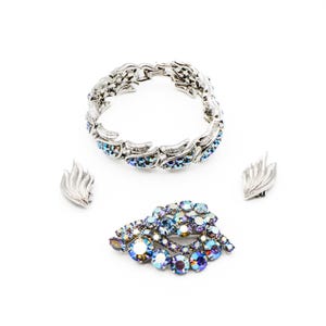 Vintage Signed Coro Blue Aurora Borealis Parure Bracelet, Earrings and Brooch