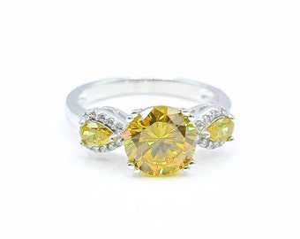 Sterling Silver Yellow CZ and White Zircon Three-Stone Ring Size 7.5