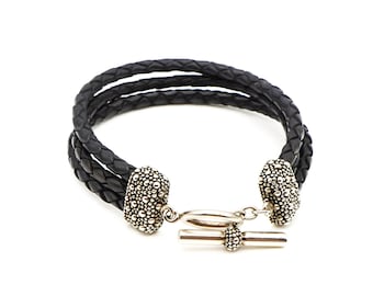 MICHAEL DAWKINS 8-Inch Starry Night Braided Black Leather & Sterling Silver Toggle Bracelet