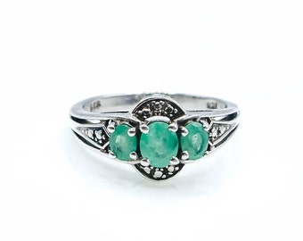 Sterling Silver Natural Emerald Three Stone Ring Size 5