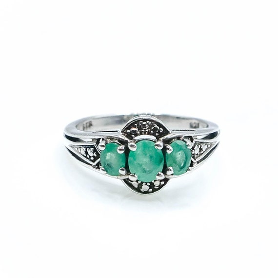 Sterling Silver Natural Emerald Three Stone Ring … - image 1