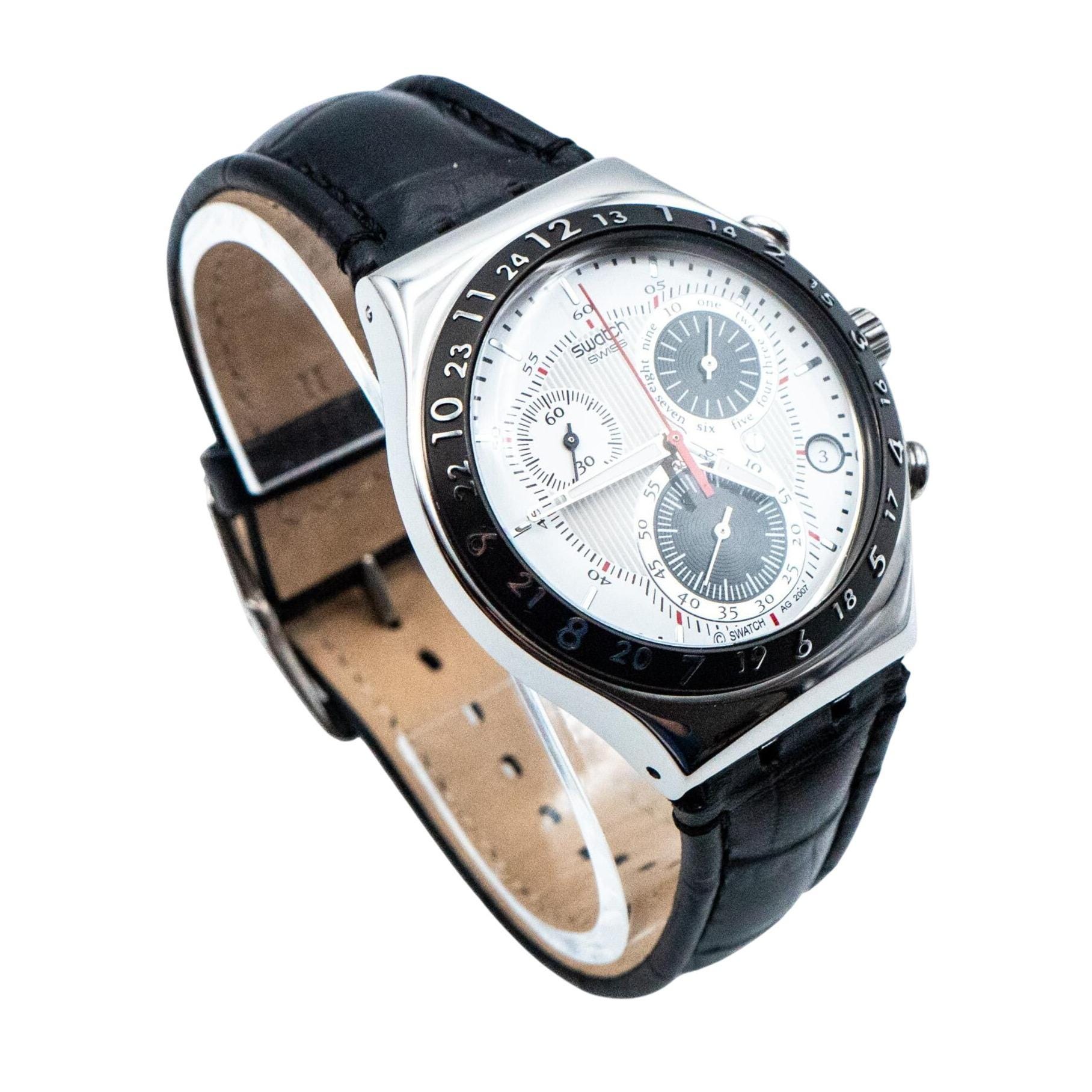 SWATCH / IRONY CHRONO/Crop Up/アナログ/レザー/WHT/BLK/SS/YCS508// Swatch Rare Irony Chrono Crop up Watch YCS508 - Etsy Hong Kong