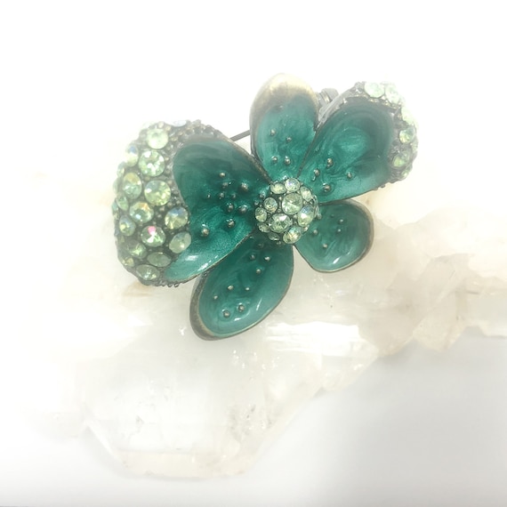 Vintage 1930s Green Enamel Flower Brooch With Clea