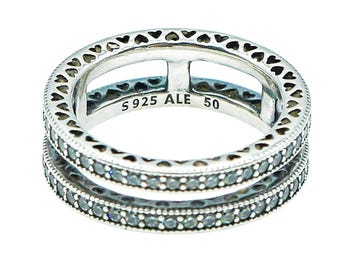 PANDORA Size 5 (50) Double Hearts of Pandora Sterling Silver Ring With Clear Zirconia