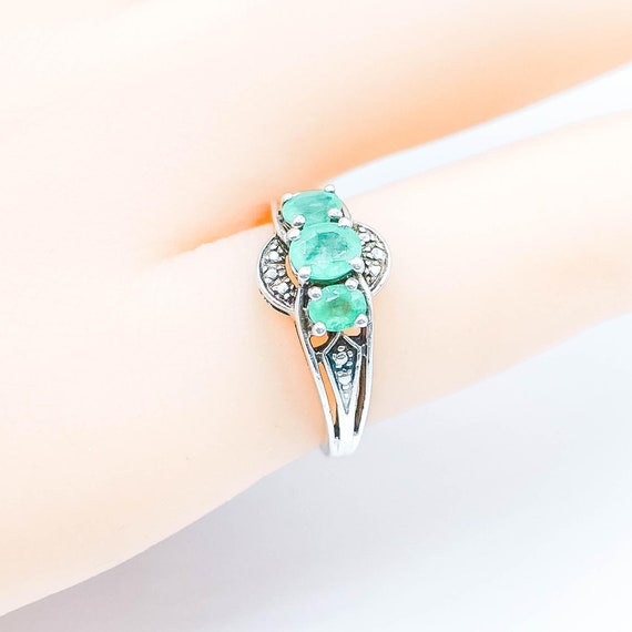 Sterling Silver Natural Emerald Three Stone Ring … - image 5