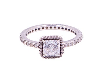 Pandora Retired Timeless Elegance Sterling Silver Clear CZ Square Halo Ring Size 6