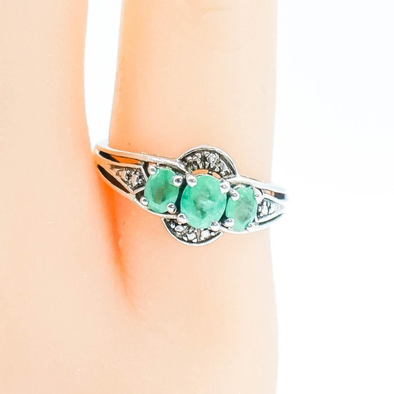 Sterling Silver Natural Emerald Three Stone Ring … - image 2