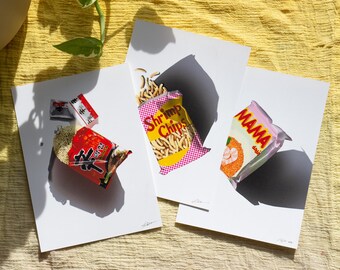 Set of 3 Nostalgic Snacks Shrimp Chips Shin Ramyun Mama Noodles Food Print Kitchen Decor Wall Decor
