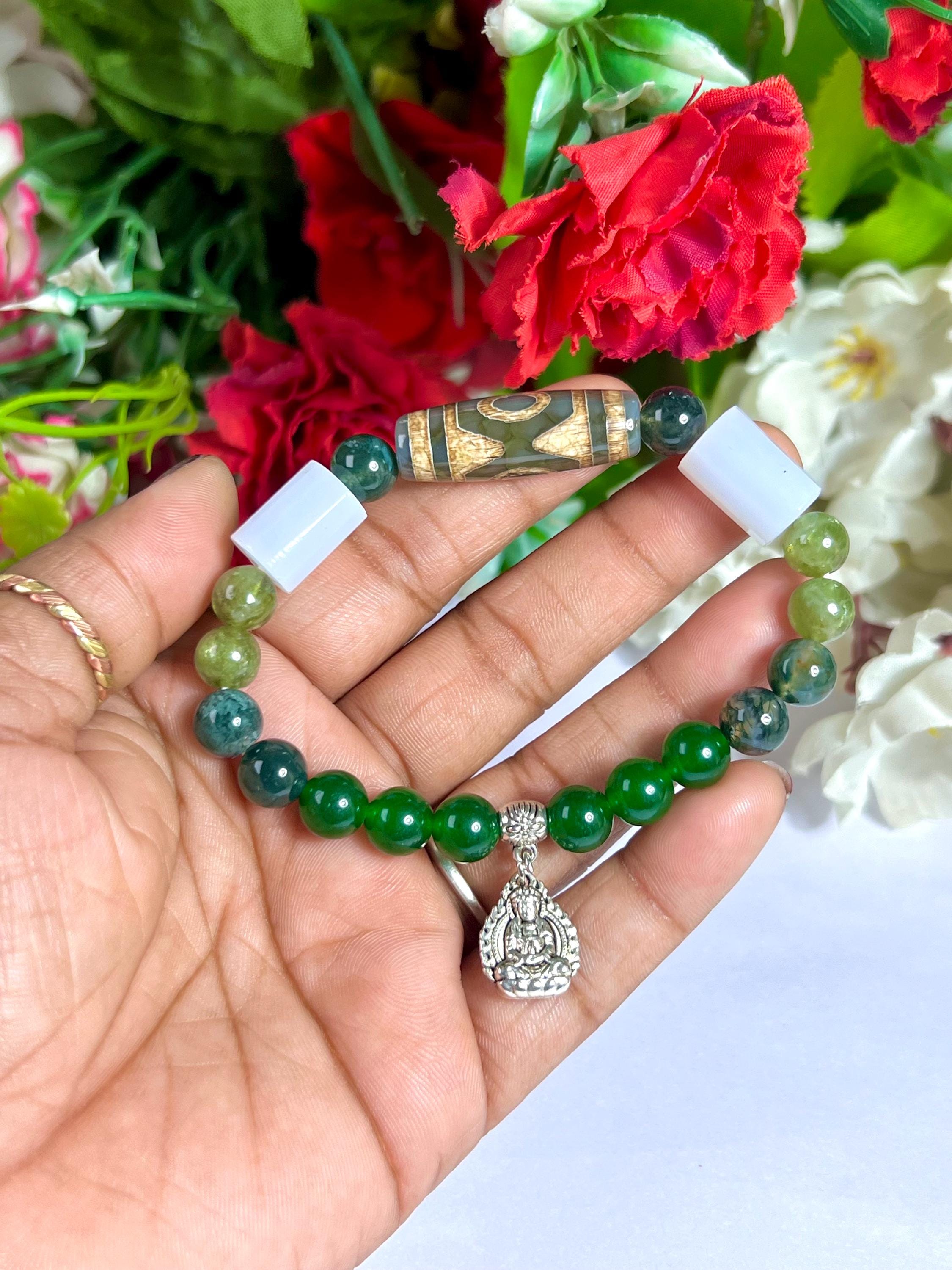 8MM Green Tara Charm Stone Bracelet G Jade, Moss Agate G Apatite