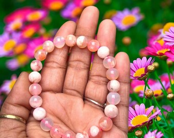 Pink Flower Agate Stone Strachable Bracelet 8MM With Velvet Pouch