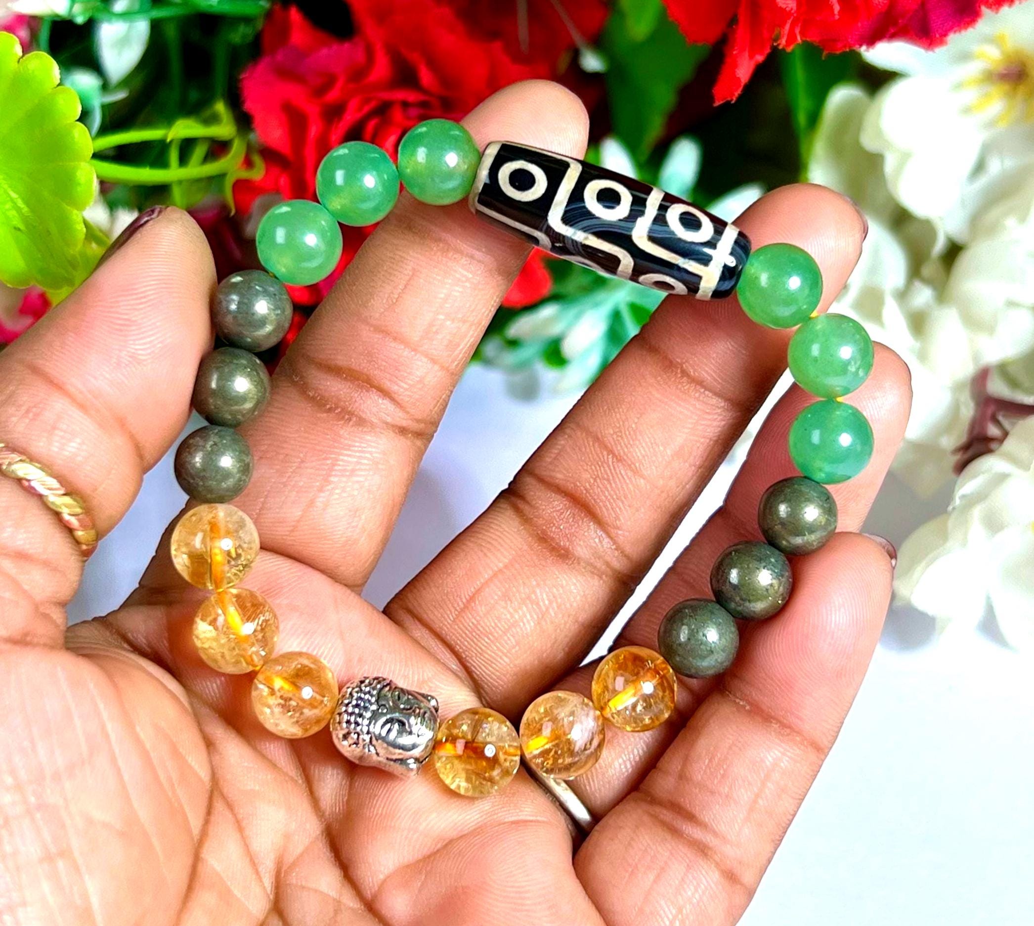Nine Eye Dzi Bead and Buddha Head Greenaventurine Citrine Pyrite