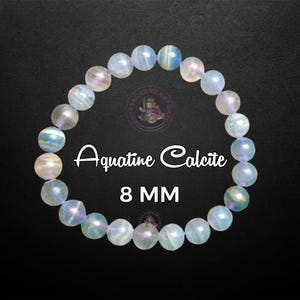 May include: A bracelet made of 8 mm aquamarine calcite beads. The beads are a light blue color with iridescent shimmer.