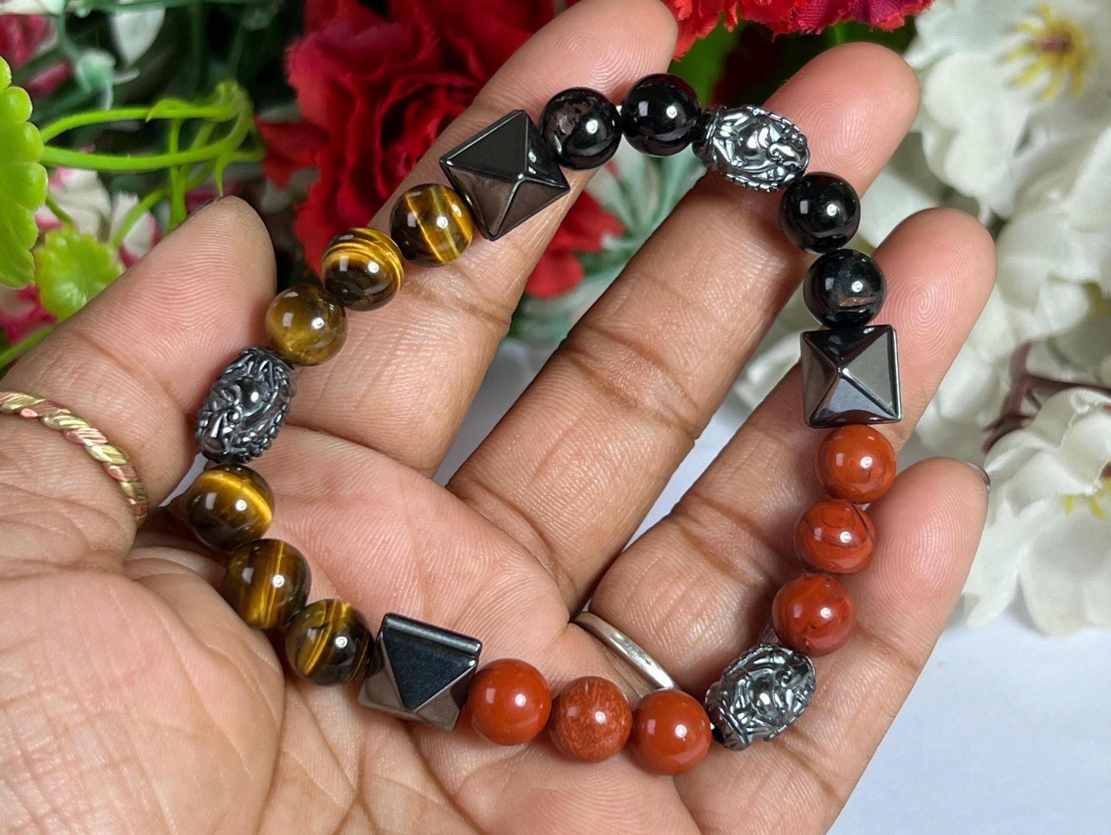 8MM Divine Protection Stones Bracelet Hematite Ganesha , Redjasper