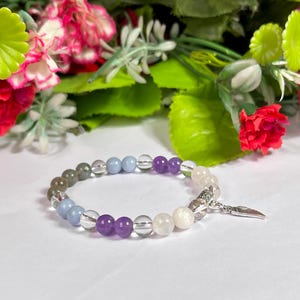 May include: A beaded bracelet featuring a variety of colorful gemstones, including clear, purple, blue, and gray beads. The bracelet has a silver charm and is set against a backdrop of flowers.