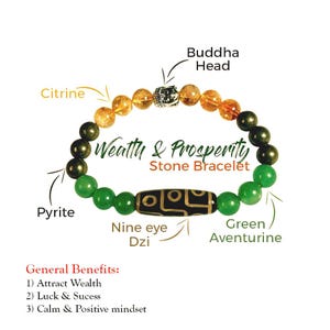 Nine Eye Dzi Bead and Buddha Head GreenAventurine Citrine Pyrite Wealth & Prosperity Stone Bracelet