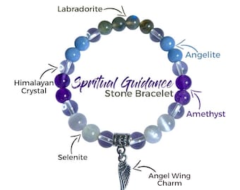 8 MM armband med andliga vägledningsstenar Himalayakristall, selenit, ametist, angelit, labradorit med änglavingeberlock