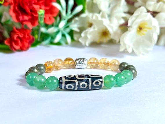 Nine Eye Dzi Bead and Buddha Head Greenaventurine Citrine Pyrite