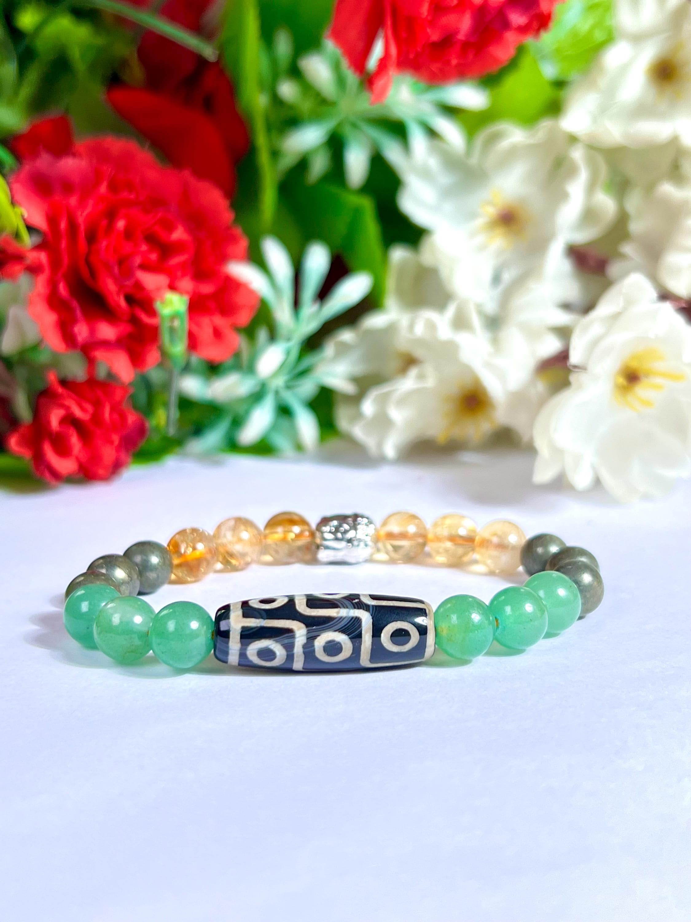 Nine Eye Dzi Bead and Buddha Head Greenaventurine Citrine Pyrite