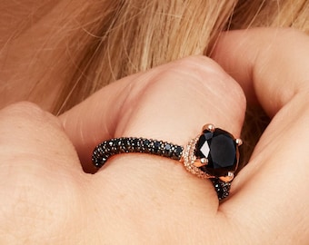 Cushion Black Diamond Ring, Black Diamond Jewelry, Black Engagement Ring, Black Diamond Ring, Solid Gold Diamond Ring, 14k Gold Diamond Ring
