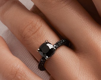 Cushion Black Diamond Ring, Black Engagement Ring, Square Black Natural Diamond, Goth Engagement Ring, Solid White Gold Black Diamond Ring