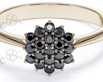 Black Diamond Engagement Ring, Flower Diamond Ring, Yellow Gold Black Diamond