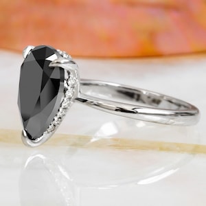 Pear Shaped Black Diamond Ring, Hidden Halo Engagement Ring,Black Diamond Claw Prongs Ring, Black Diamond Ring,Natural Black Diamond Jewelry