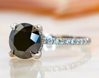 White Gold Black Diamond Ring, Black Diamond Jewelry, Round Cut Diamond Ring, 14k Black Diamond Ring, Halo Black Diamond Ring, Gothic Ring