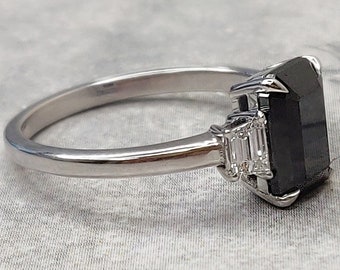 Black Emerald Diamond Ring, Alternative Engagement Ring, Claw Prongs White Gold Emerald Diamond Ring, Black Diamond White Gold Ring,