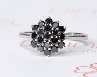 Black Flower Ring, Black Diamond Cluster Ring