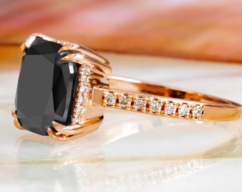 Unique Black Diamond Ring, Black Cushion Cut, 14K Yellow Gold, Claw Prongs Ring, Black Diamond Engagement , Natural Black Diamond Jewelry