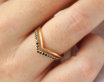 Unique Black Diamond Ring, Chevron Black Diamond Wedding Band, 14K Yellow Gold Band, Double Chevron Gold Ring